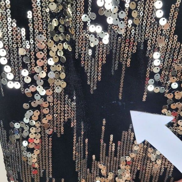Eliza J Size 2 Sequin Velvet Shift Mini Dress 3/4 Sleeve Party Black Gold - Picture 10 of 12